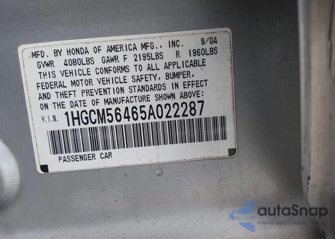 2005 Honda Accord 2.4 Lx из США, поврежденный, VIN 1HGCM56465A022287